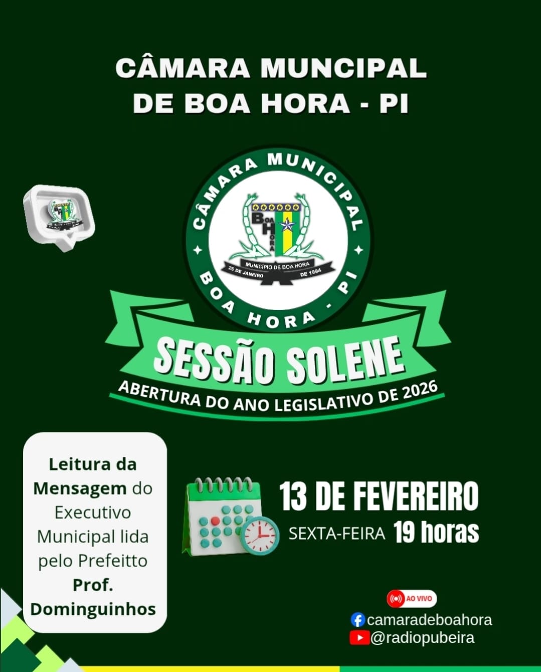 Câmara Municipal de Boa Hora realiza Sessão Solene de Abertura do Ano Legislativo de 2026